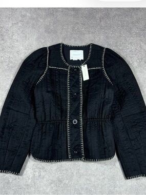 Anthropologie Black Quilted Jacket with White Whipstitch Trim